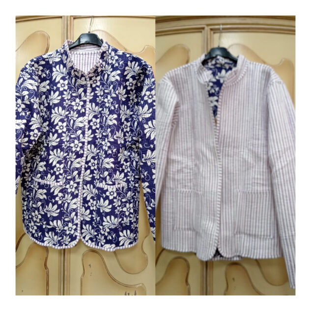 Chaqueta reversible flores/rayas azul marino